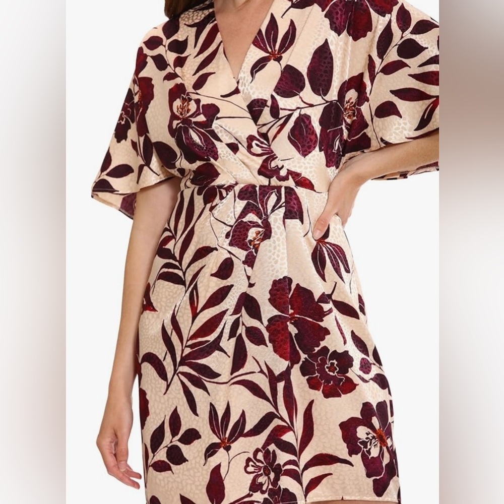 London Times Floral Leaf Surplice Dolman Sleeve Cocktail Dress